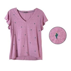 🌺 Wit & Wisdom Nordstrom Cactus Embroidered Flutter Sleeve V-Neck Tee Size S